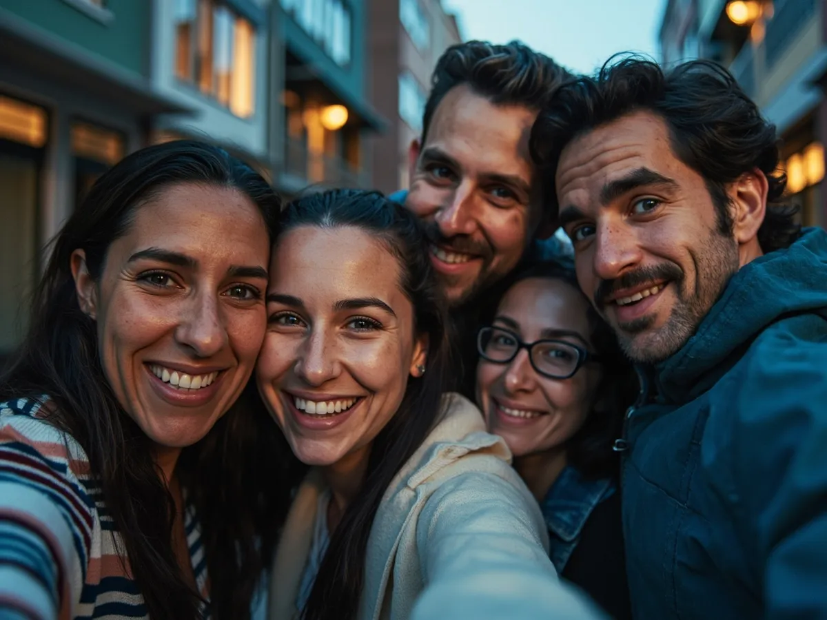 Computer-generated image: four friends laughing together in a group photo on a quest day out