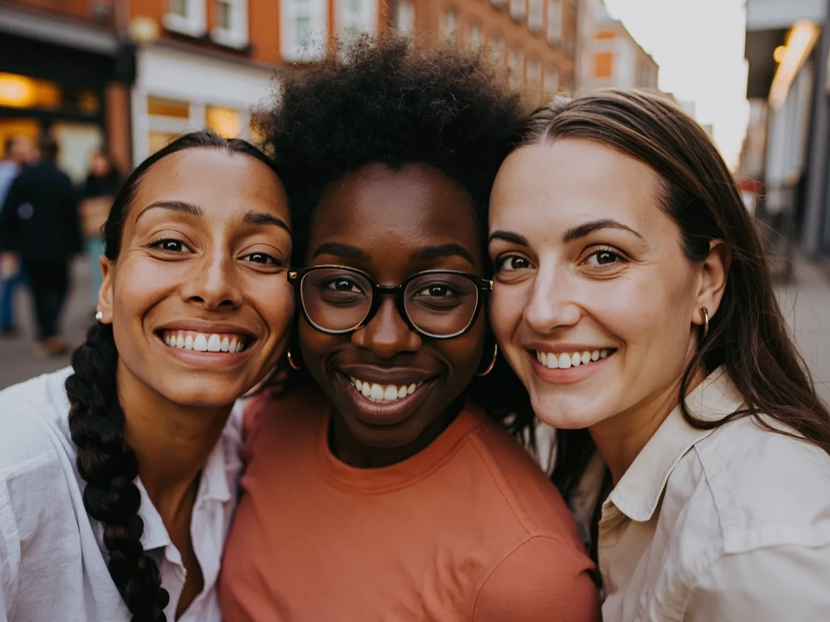 Computer-generated image: three friends laughing together in a group photo on a quest day out