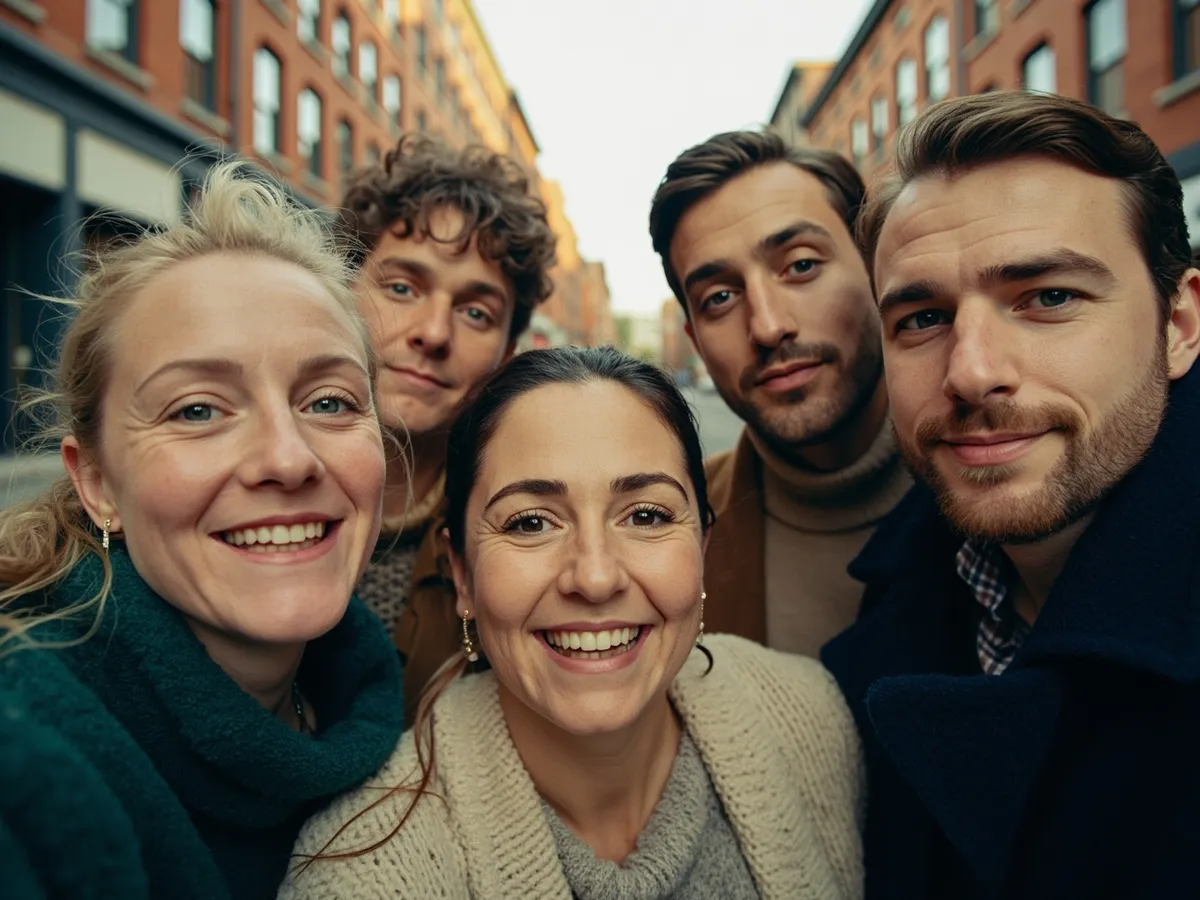 Computer-generated image: four friends laughing together in a group photo on a quest day out