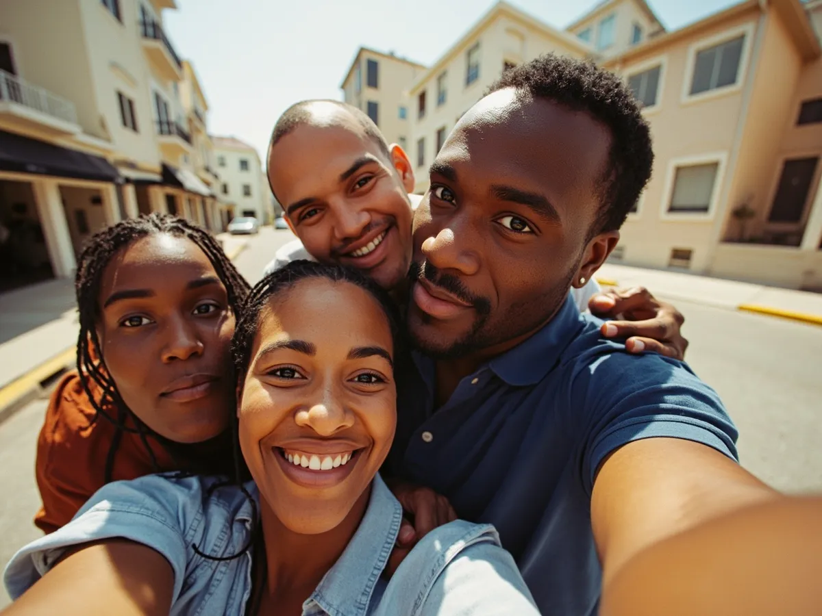Computer-generated image: four friends laughing together in a group photo on a quest day out