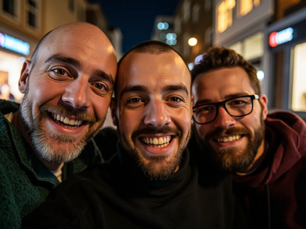 Computer-generated image: three friends laughing together in a group photo on a quest day out