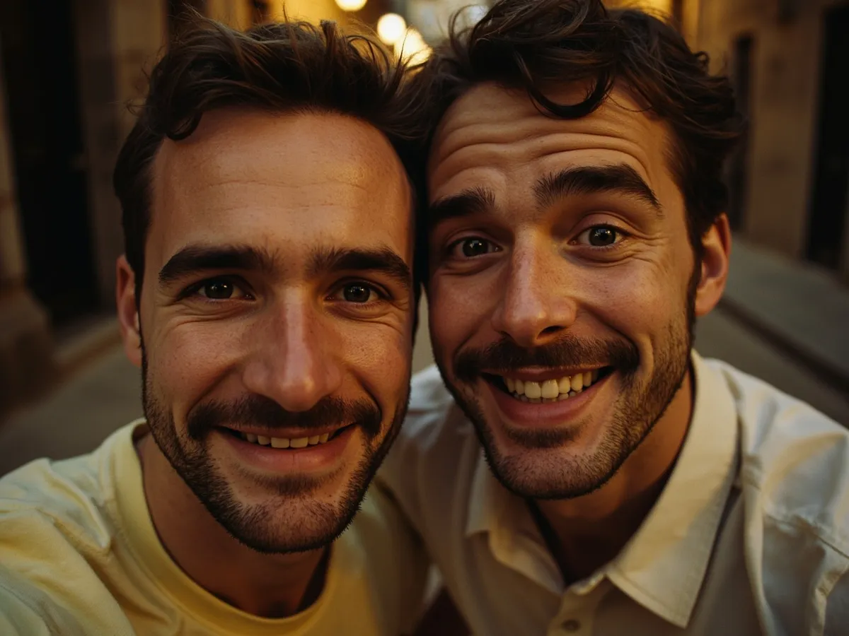 Computer-generated image: two friends laughing together in a group photo on a quest day out