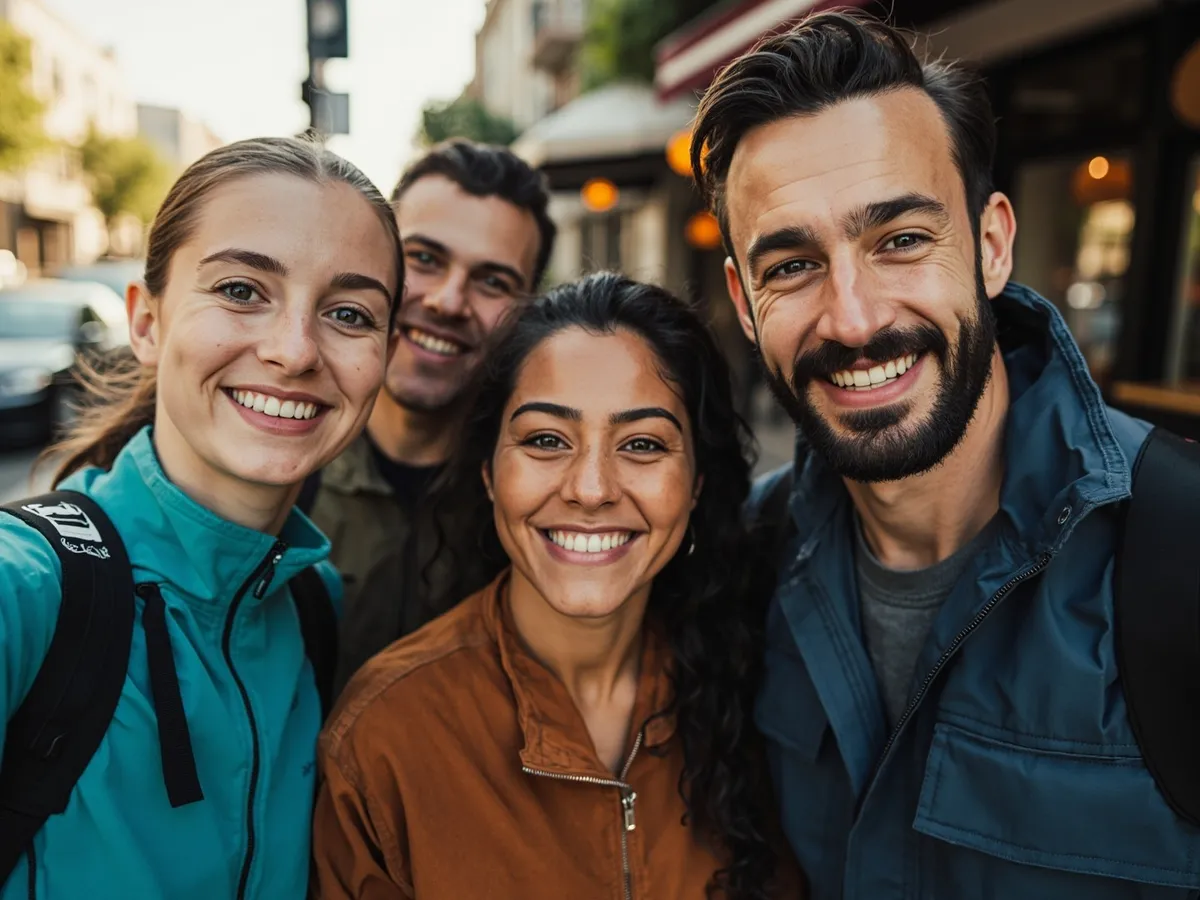 Computer-generated image: four friends laughing together in a group photo on a quest day out