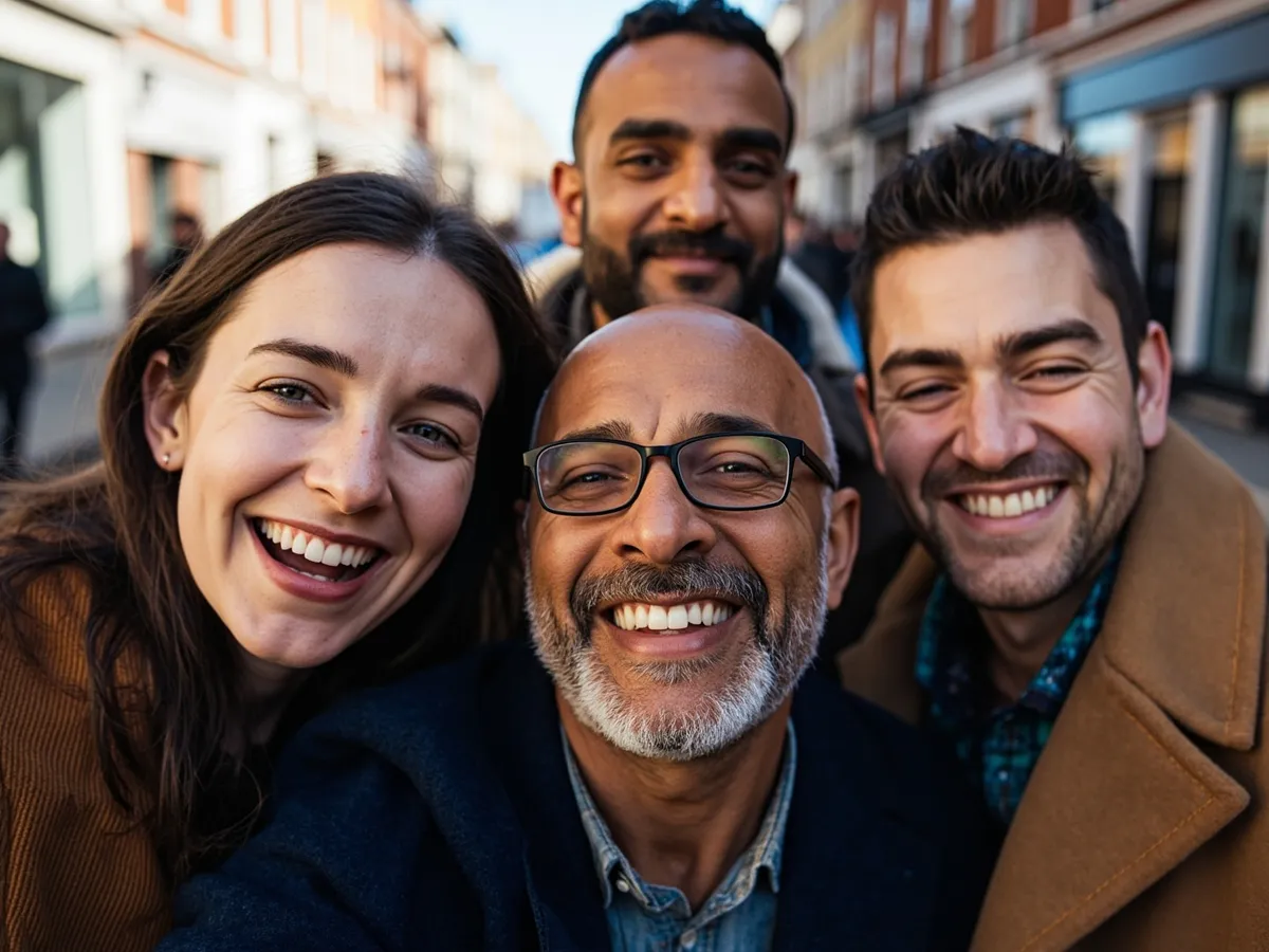 Computer-generated image: four friends laughing together in a group photo on a quest day out