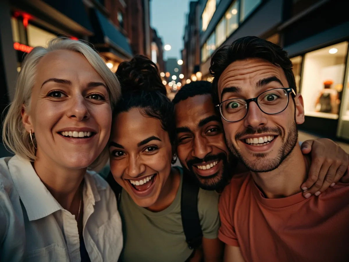 Computer-generated image: four friends laughing together in a group photo on a quest day out