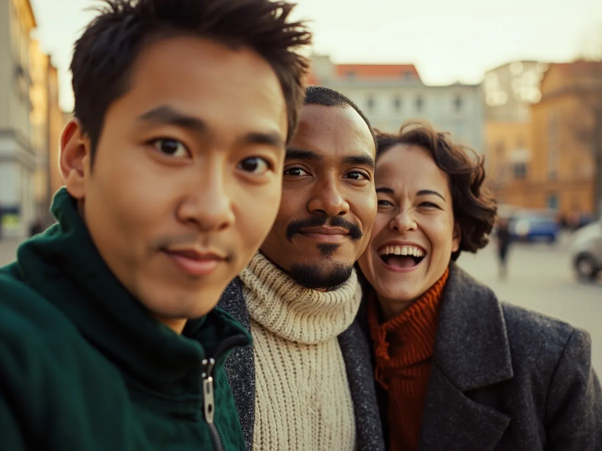 Computer-generated image: three friends laughing together in a group photo on a quest day out