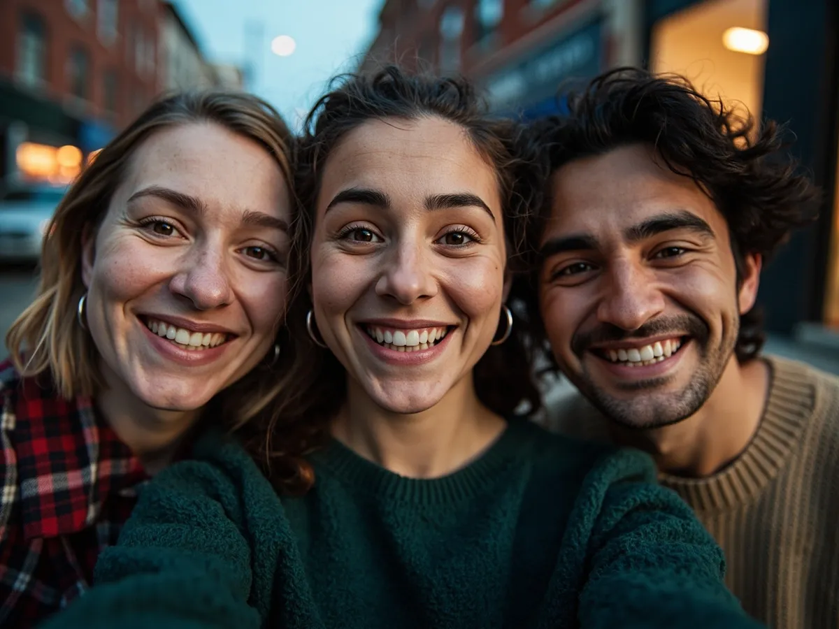 Computer-generated image: three friends laughing together in a group photo on a quest day out
