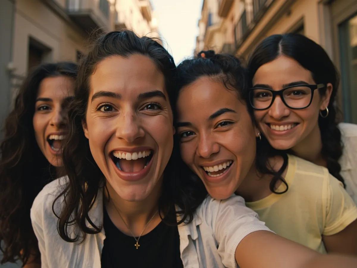 Computer-generated image: four friends laughing together in a group photo on a quest day out