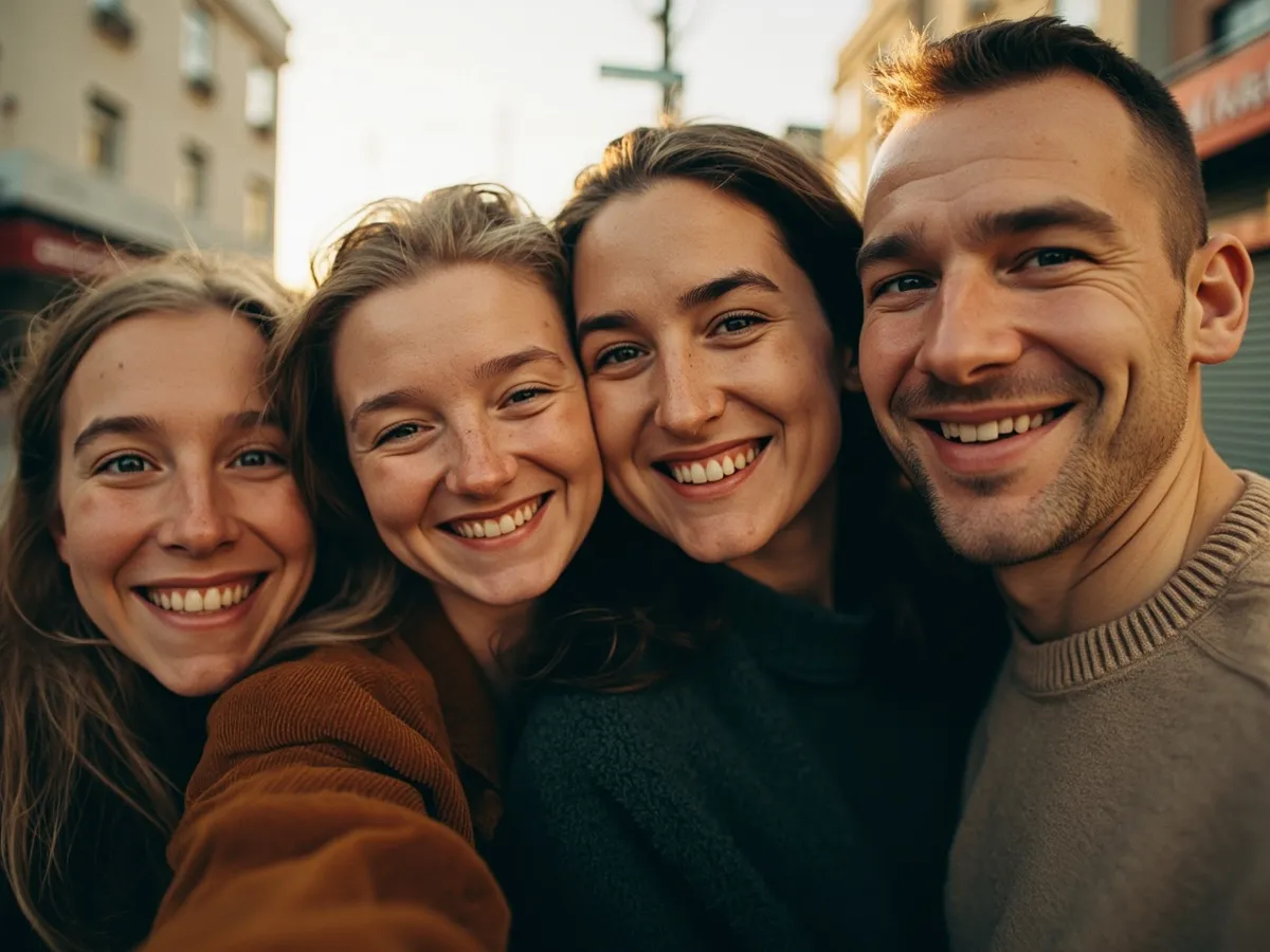 Computer-generated image: three friends laughing together in a group photo on a quest day out