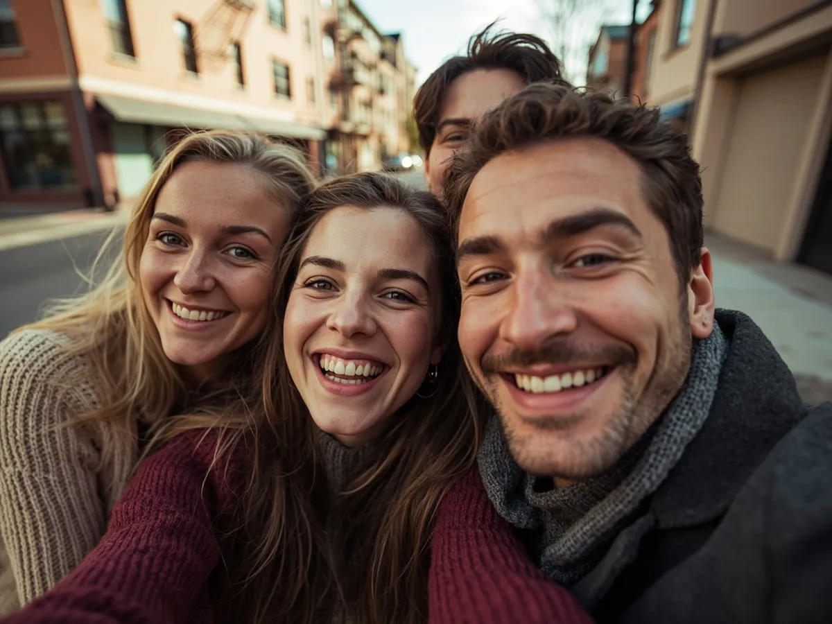 Computer-generated image: four friends laughing together in a group photo on a quest day out