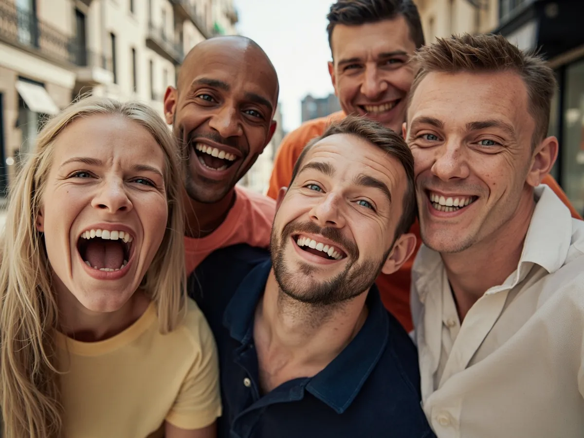 Computer-generated image: four friends laughing together in a group photo on a quest day out