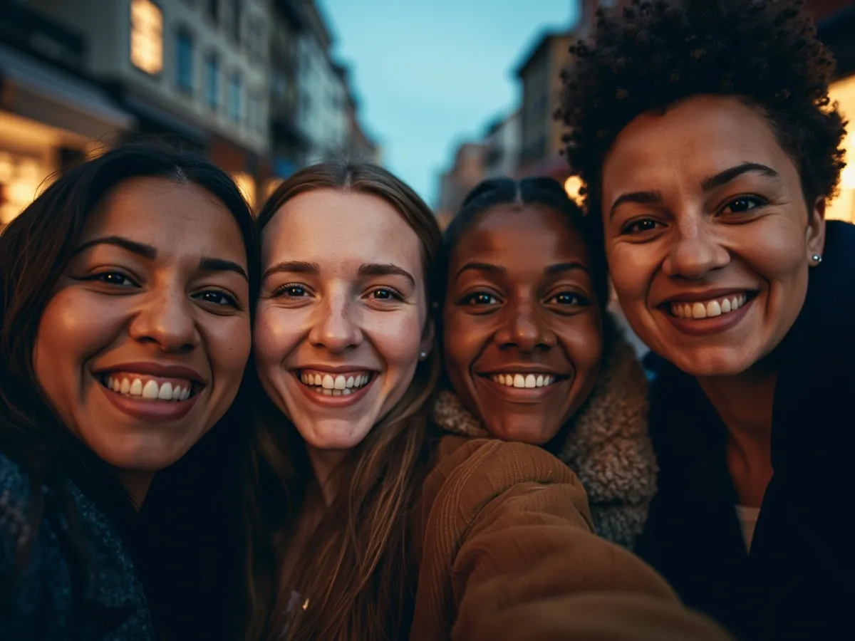 Computer-generated image: four friends laughing together in a group photo on a quest day out