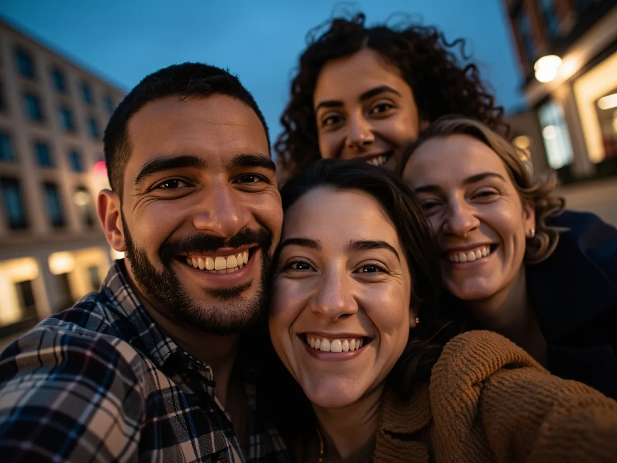 Computer-generated image: four friends laughing together in a group photo on a quest day out