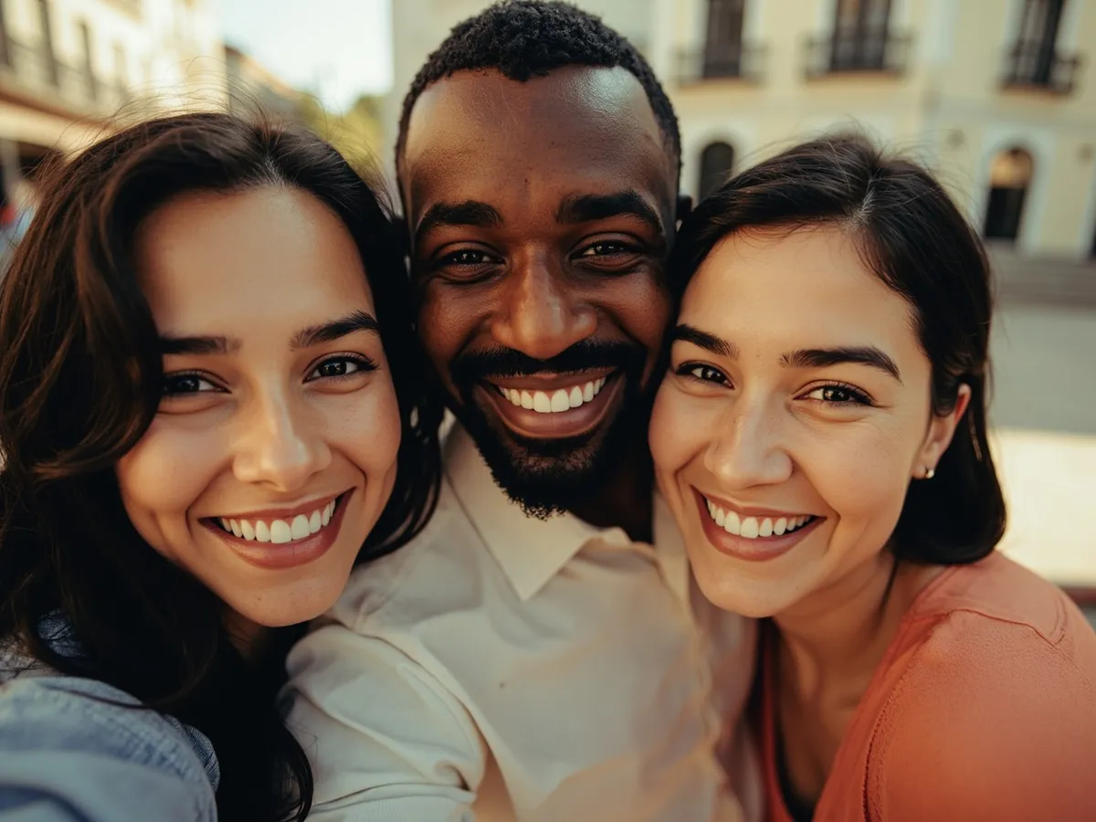 Computer-generated image: three friends laughing together in a group photo on a quest day out