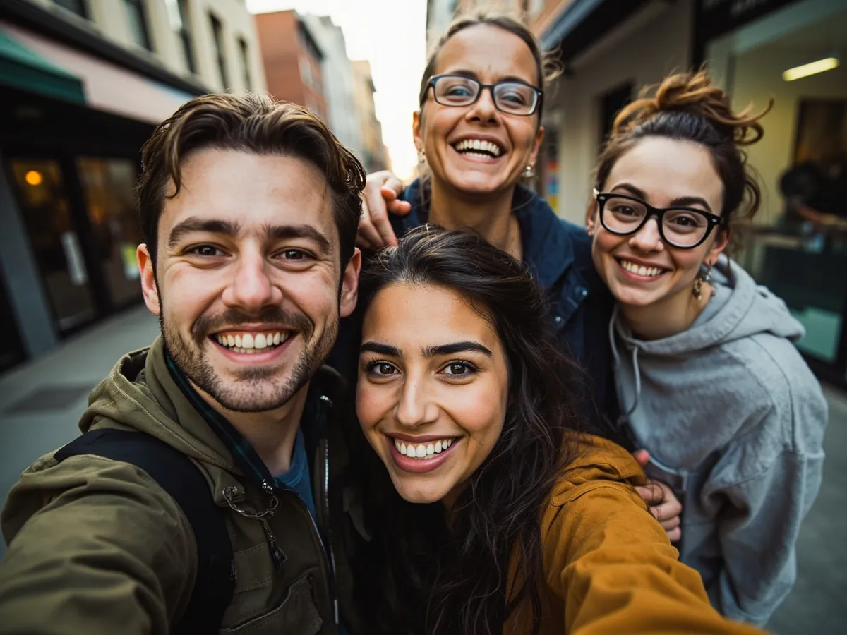 Computer-generated image: four friends laughing together in a group photo on a quest day out