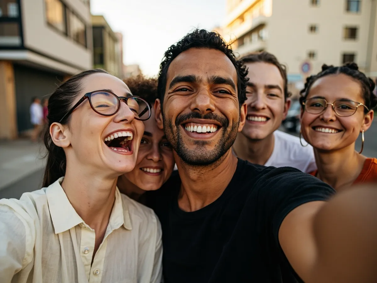 Computer-generated image: four friends laughing together in a group photo on a quest day out