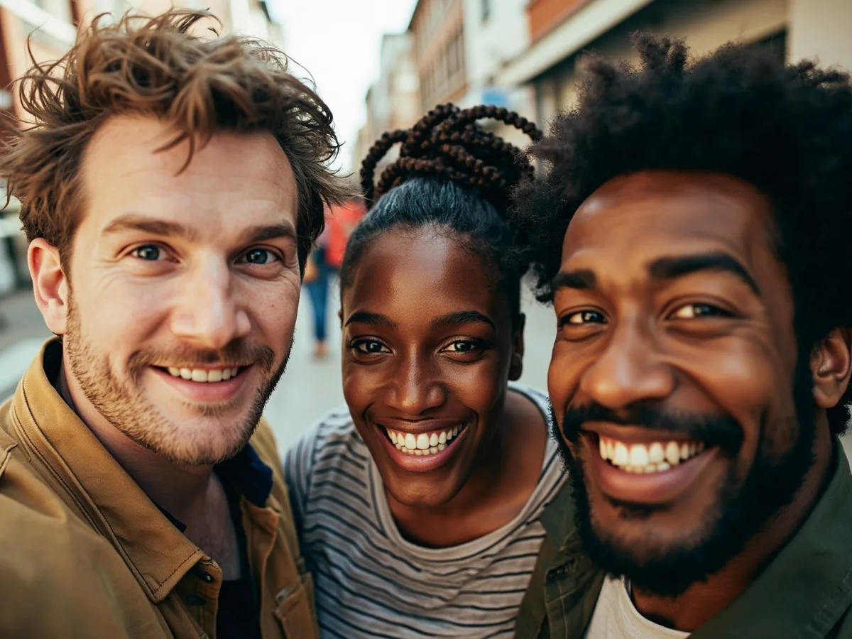 Computer-generated image: three friends laughing together in a group photo on a quest day out