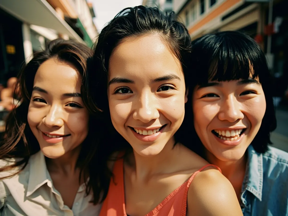 Computer-generated image: three friends laughing together in a group photo on a quest day out