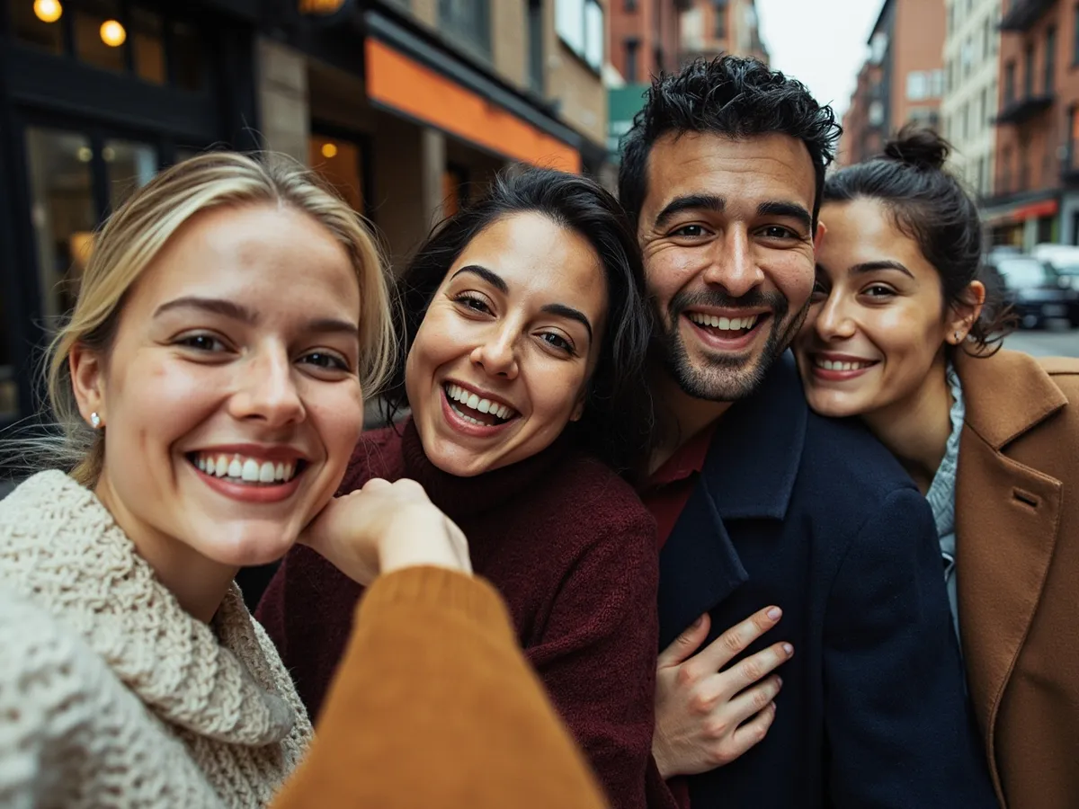 Computer-generated image: four friends laughing together in a group photo on a quest day out