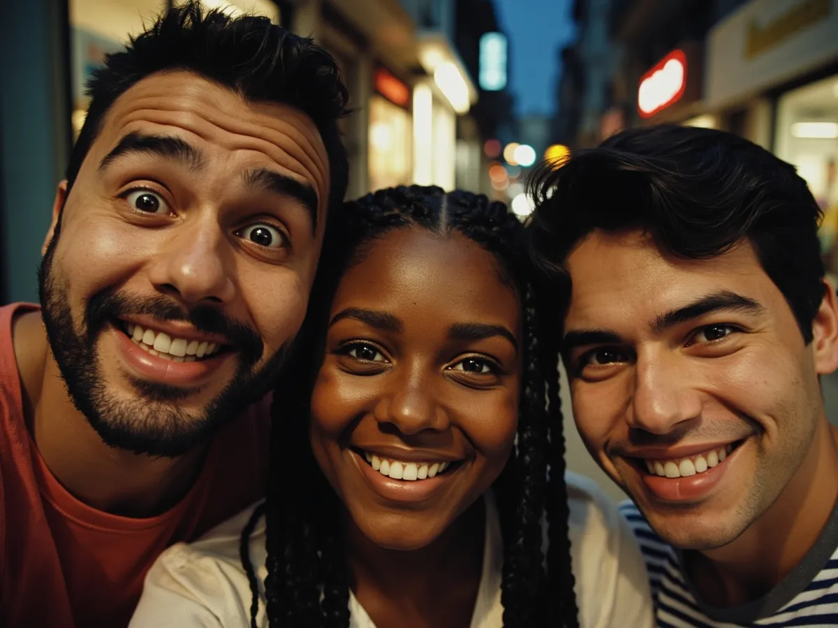 Computer-generated image: three friends laughing together in a group photo on a quest day out