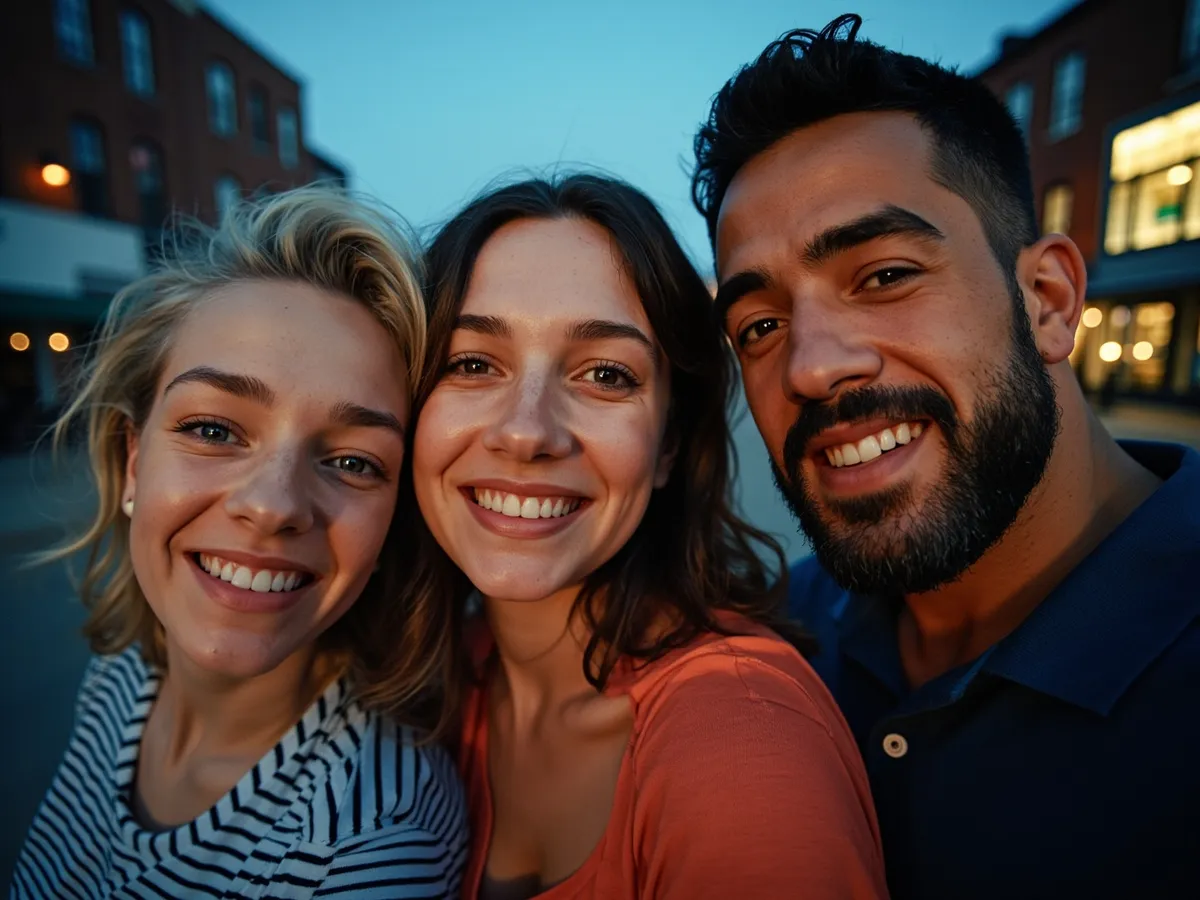 Computer-generated image: three friends laughing together in a group photo on a quest day out