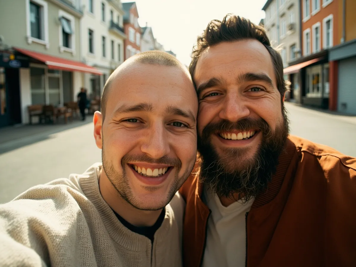 Computer-generated image: two friends laughing together in a group photo on a quest day out