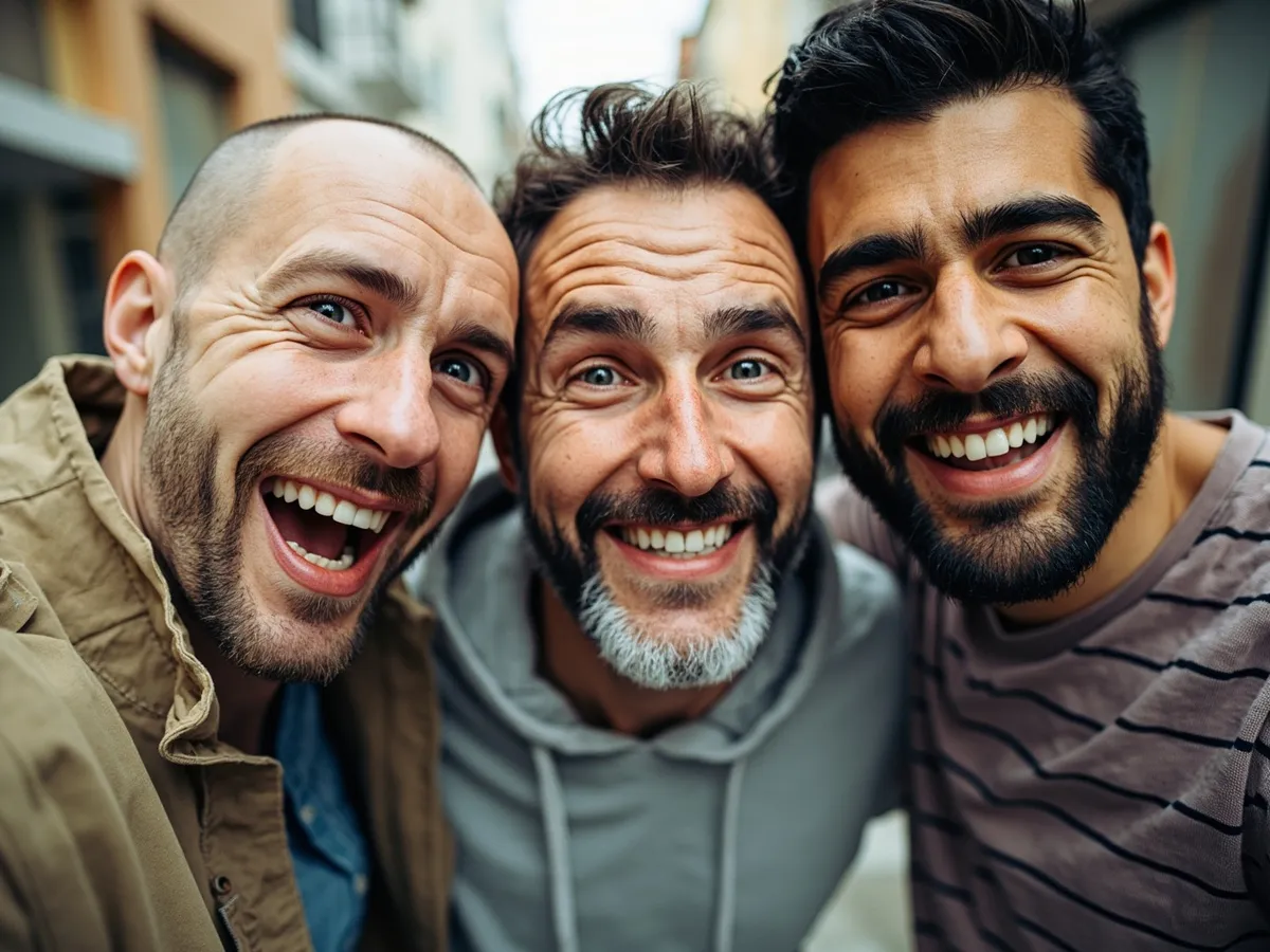 Computer-generated image: three friends laughing together in a group photo on a quest day out
