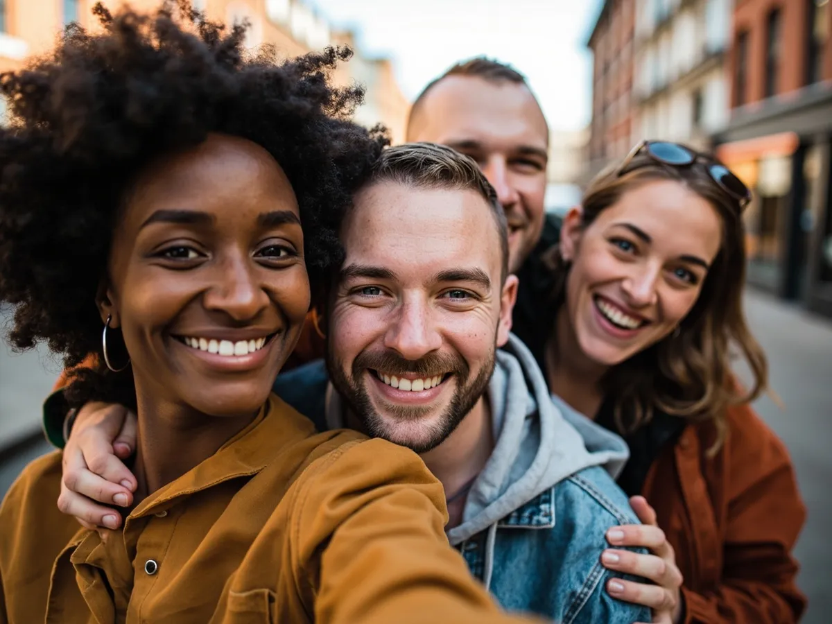 Computer-generated image: four friends laughing together in a group photo on a quest day out