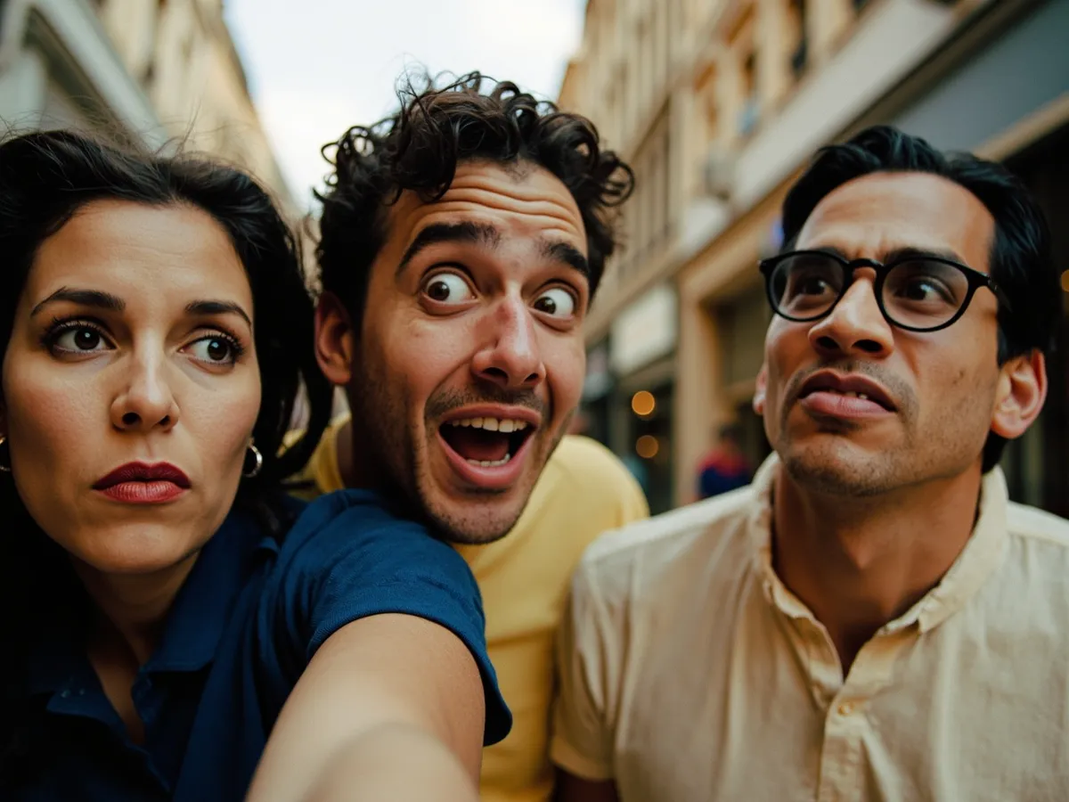 Computer-generated image: three friends laughing together in a group photo on a quest day out