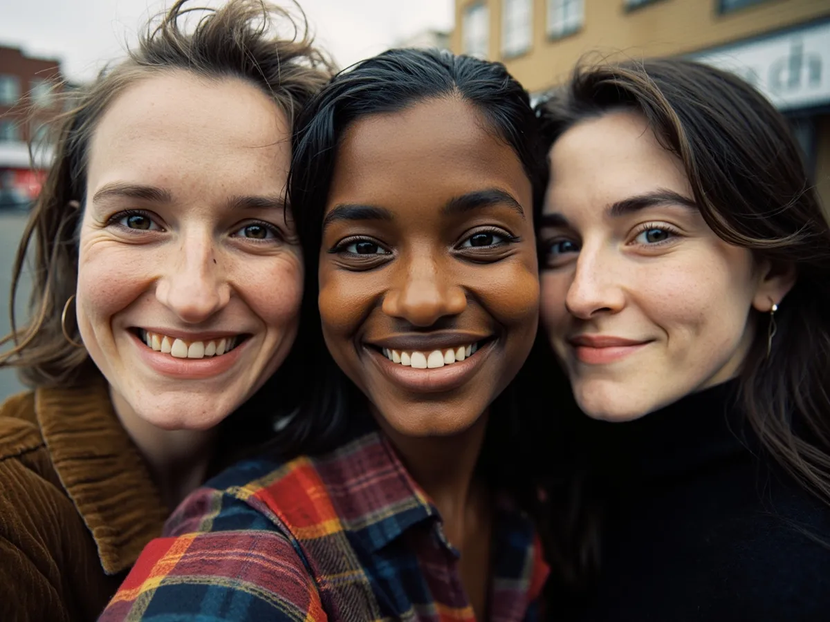 Computer-generated image: three friends laughing together in a group photo on a quest day out