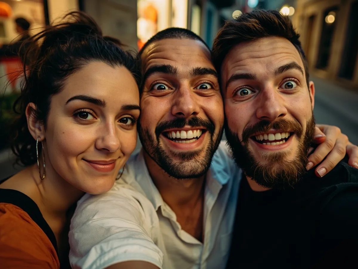 Computer-generated image: three friends laughing together in a group photo on a quest day out