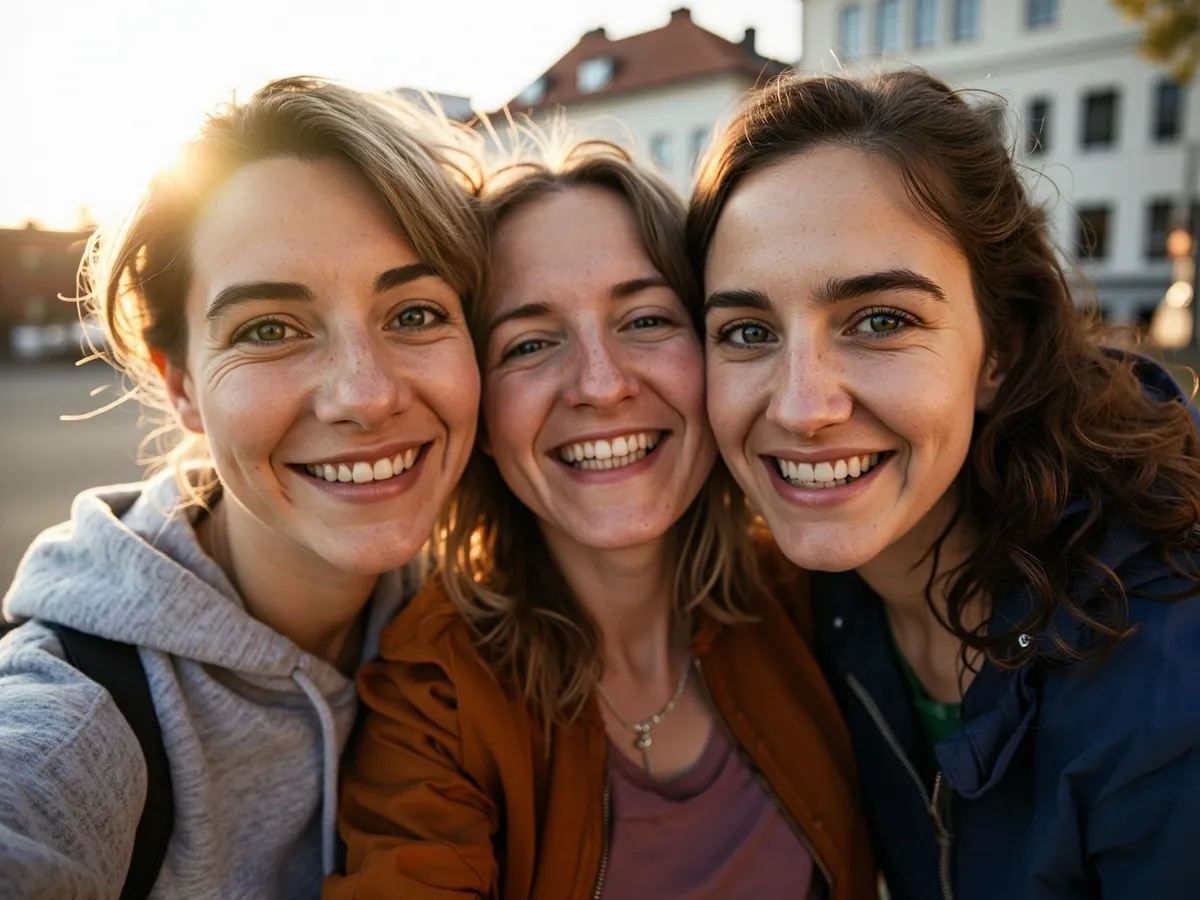 Computer-generated image: three friends laughing together in a group photo on a quest day out