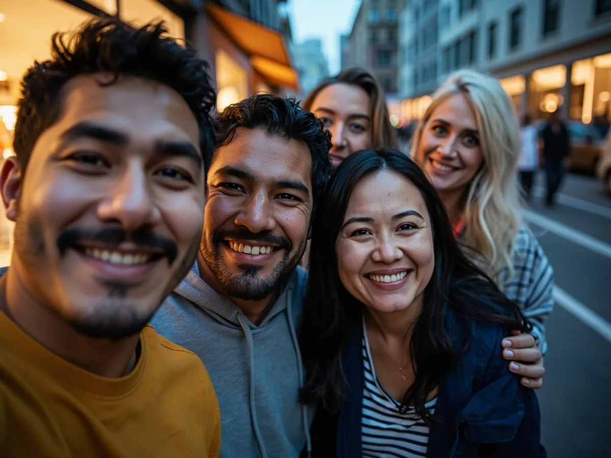 Computer-generated image: four friends laughing together in a group photo on a quest day out