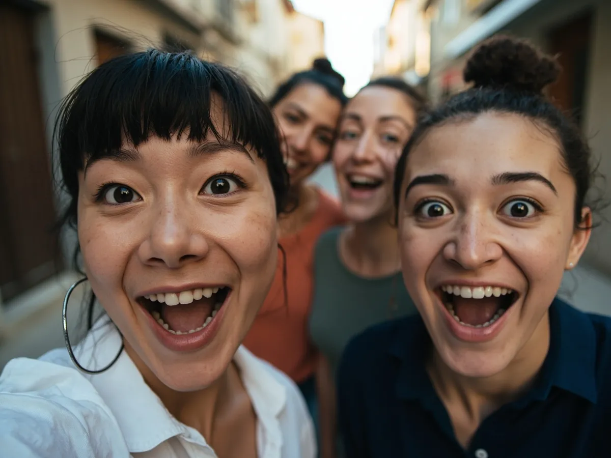 Computer-generated image: four friends laughing together in a group photo on a quest day out