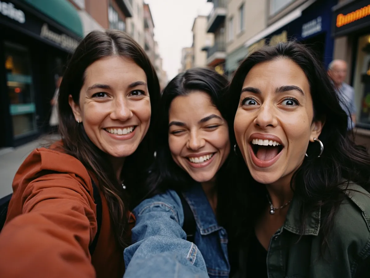 Computer-generated image: three friends laughing together in a group photo on a quest day out