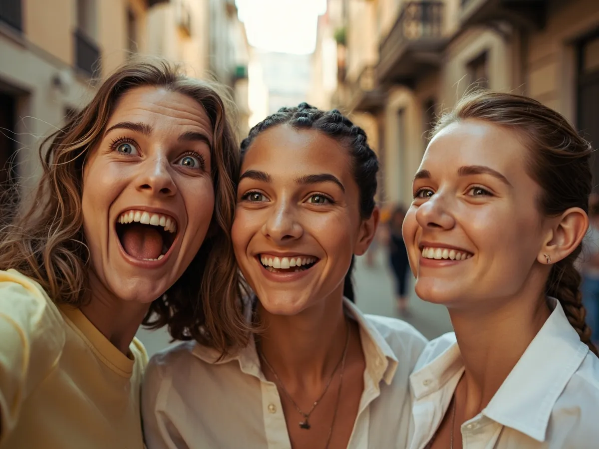 Computer-generated image: three friends laughing together in a group photo on a quest day out