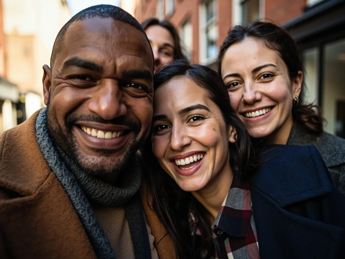 Computer-generated image: four friends laughing together in a group photo on a quest day out