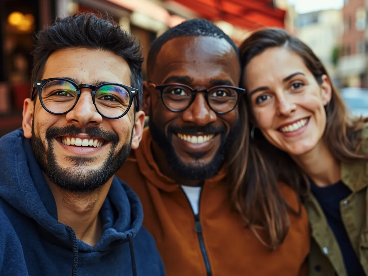 Computer-generated image: three friends laughing together in a group photo on a quest day out