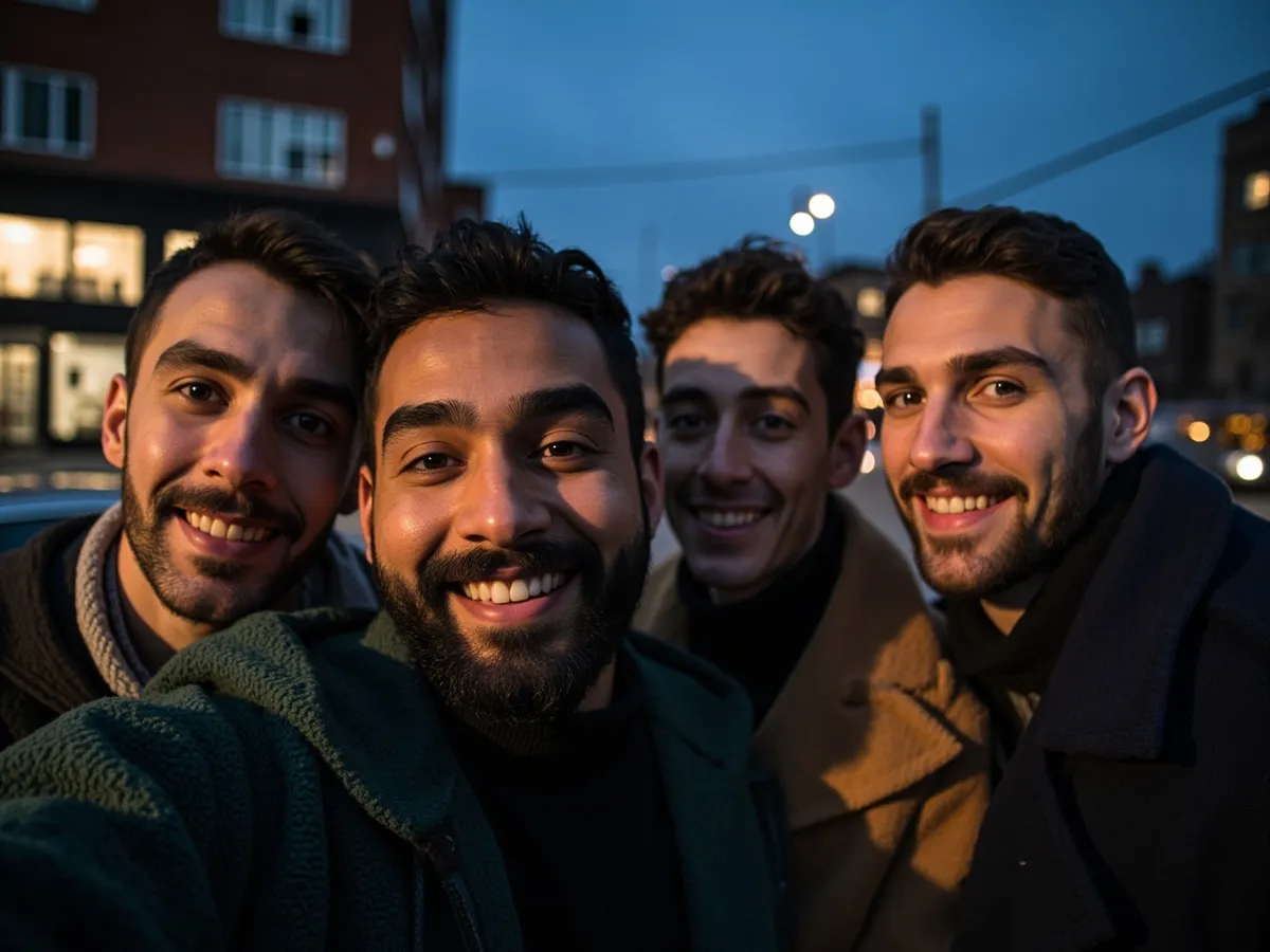 Computer-generated image: four friends laughing together in a group photo on a quest day out