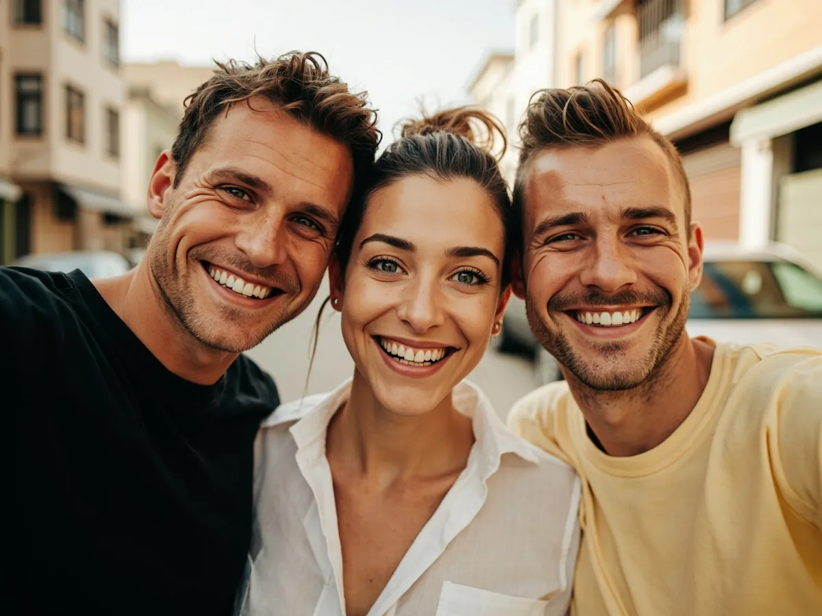 Computer-generated image: three friends laughing together in a group photo on a quest day out