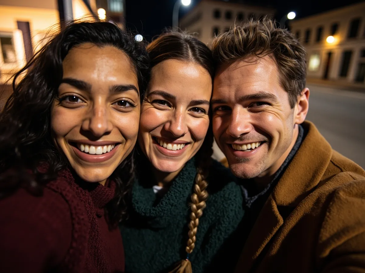 Computer-generated image: three friends laughing together in a group photo on a quest day out