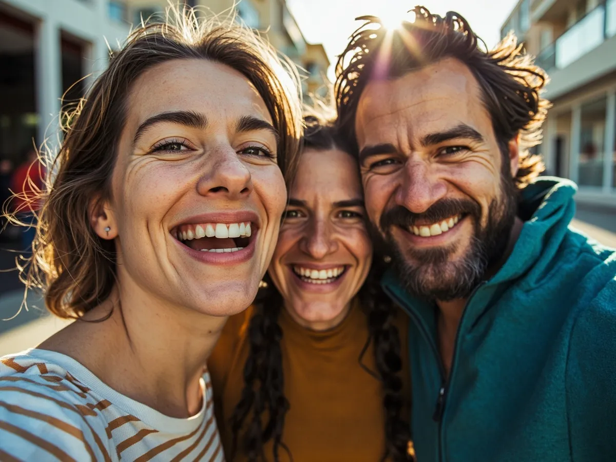 Computer-generated image: three friends laughing together in a group photo on a quest day out