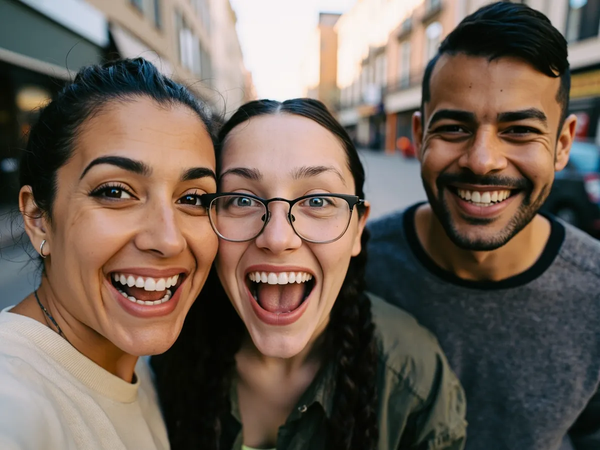 Computer-generated image: three friends laughing together in a group photo on a quest day out