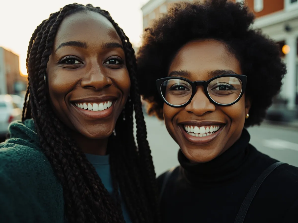 Computer-generated image: two friends laughing together in a group photo on a quest day out
