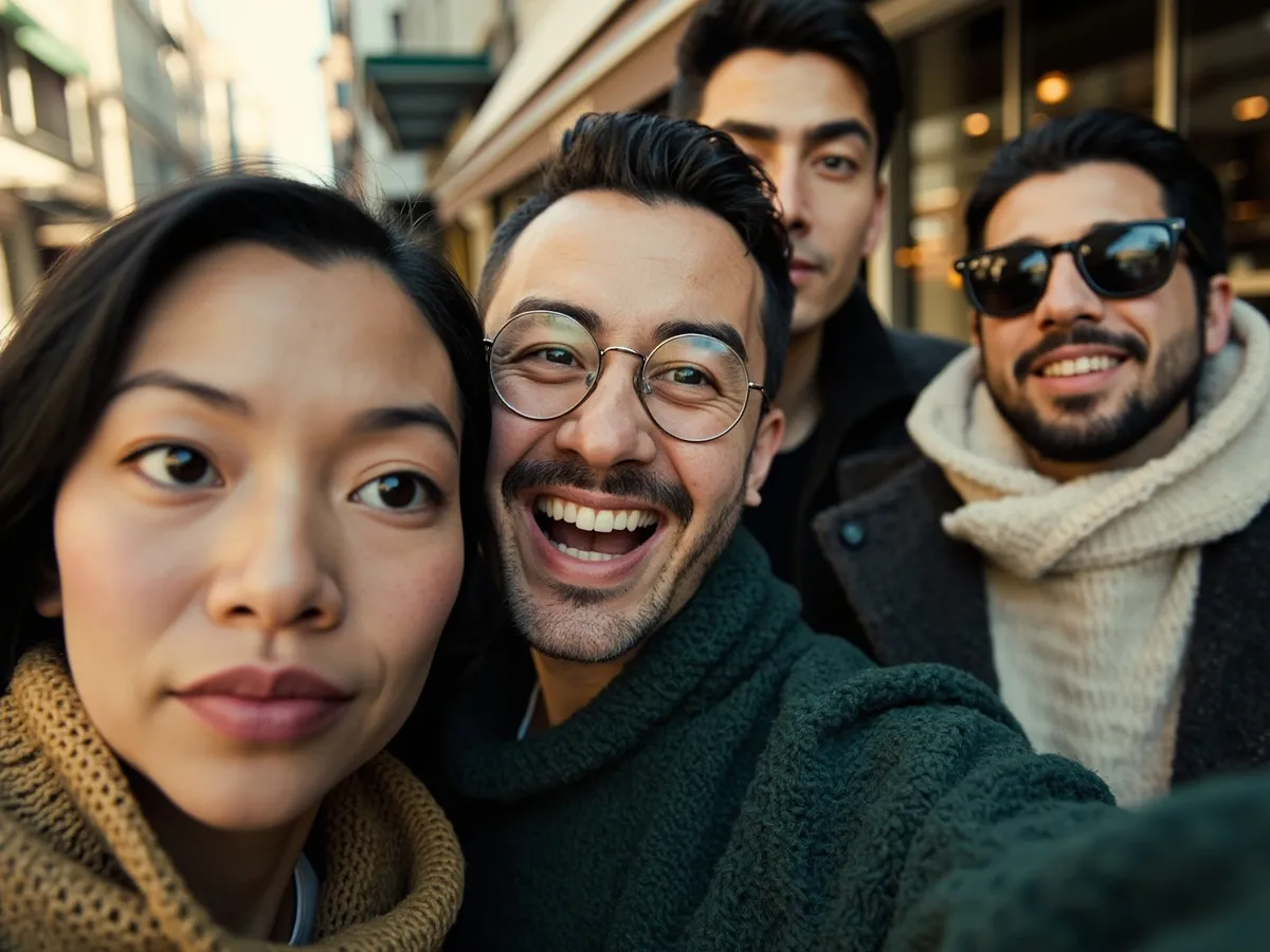 Computer-generated image: four friends laughing together in a group photo on a quest day out