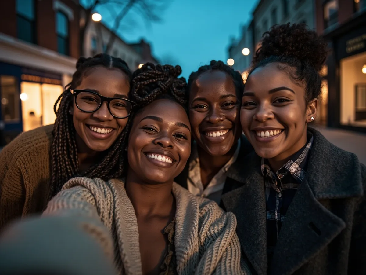 Computer-generated image: four friends laughing together in a group photo on a quest day out