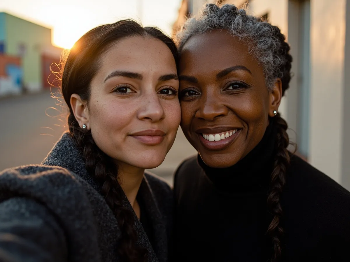 Computer-generated image: two friends laughing together in a group photo on a quest day out