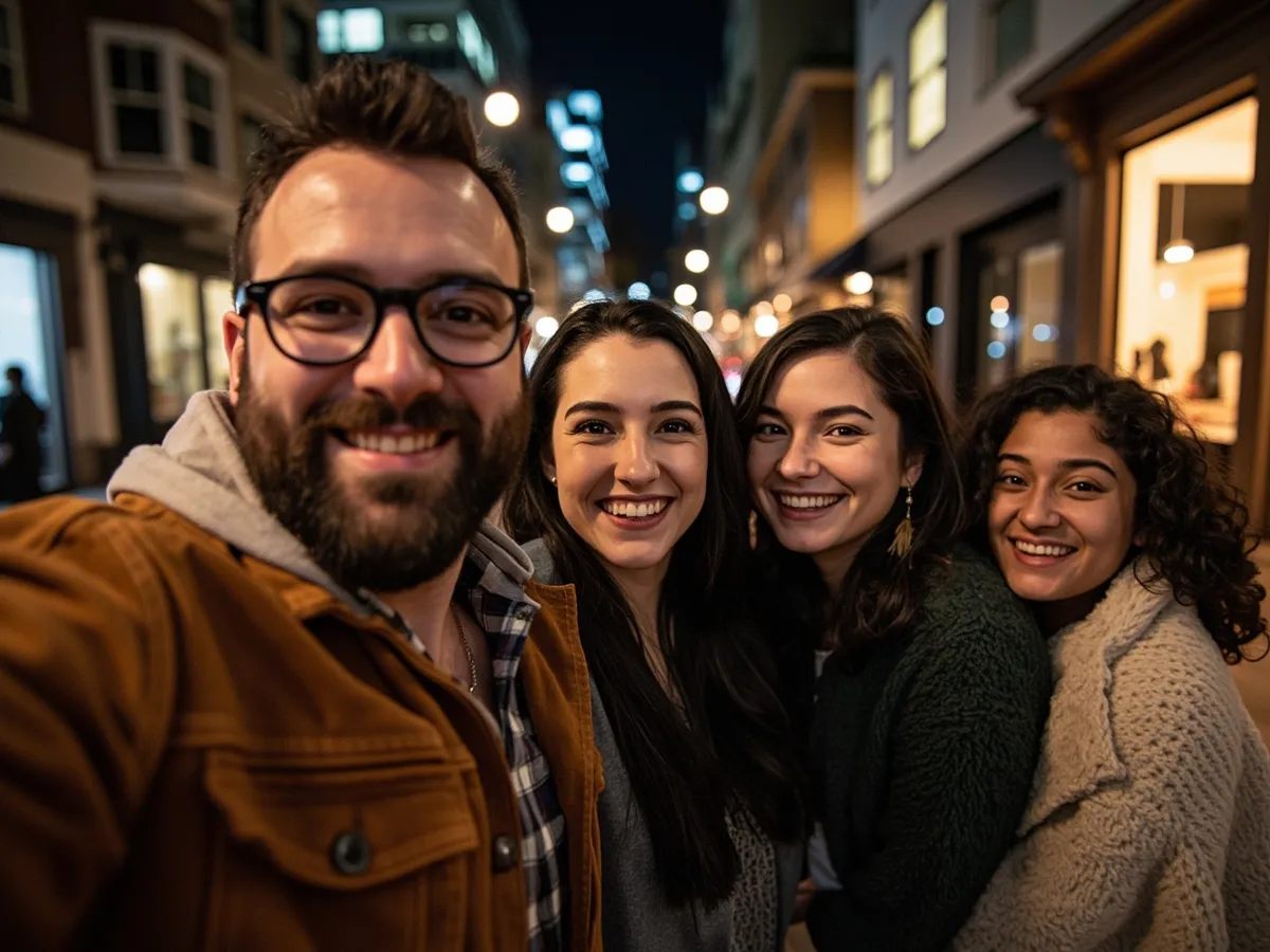 Computer-generated image: four friends laughing together in a group photo on a quest day out