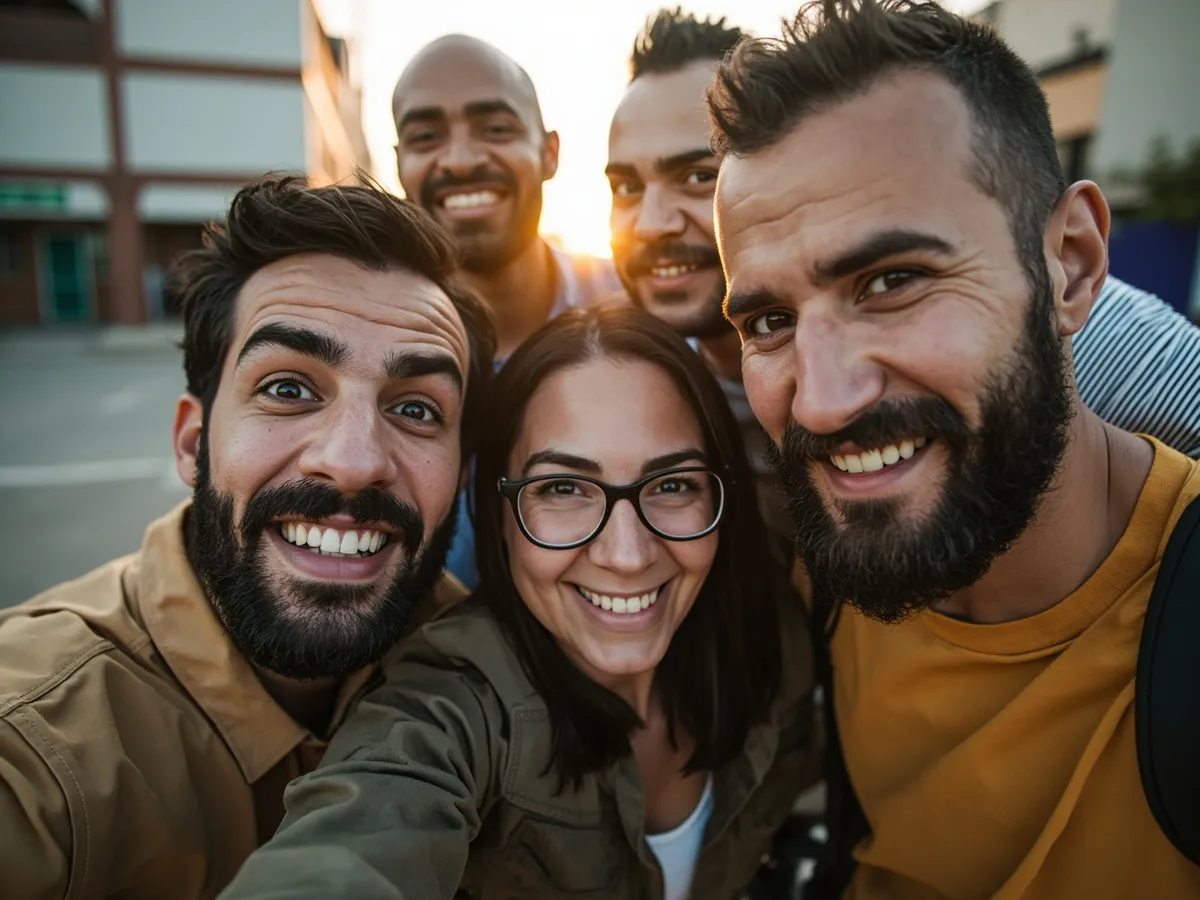 Computer-generated image: four friends laughing together in a group photo on a quest day out
