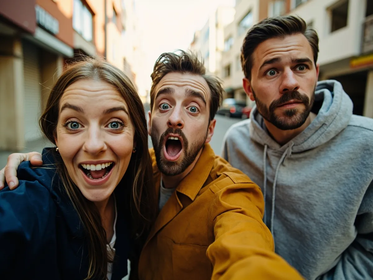 Computer-generated image: three friends laughing together in a group photo on a quest day out